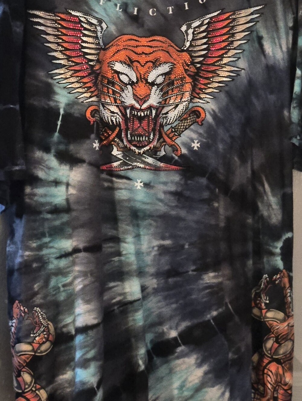 Affliction Black Teal Tie-Dye Short Sleeve Shirt with Winged Tiger Graphic